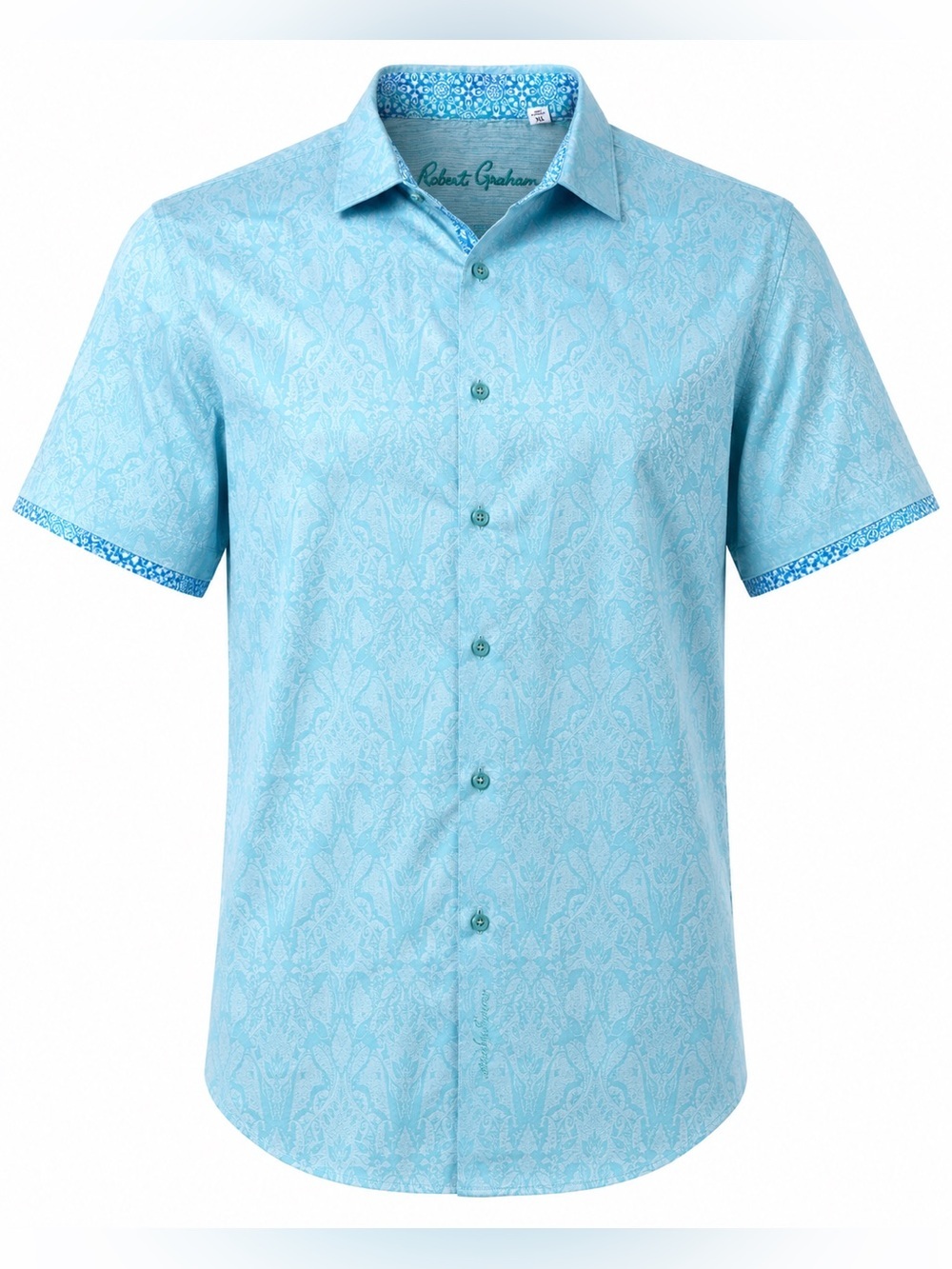 Robert Graham Blue Jacquard Short Sleeve ButtonUp Shirt XL Cotton Stretch Floral